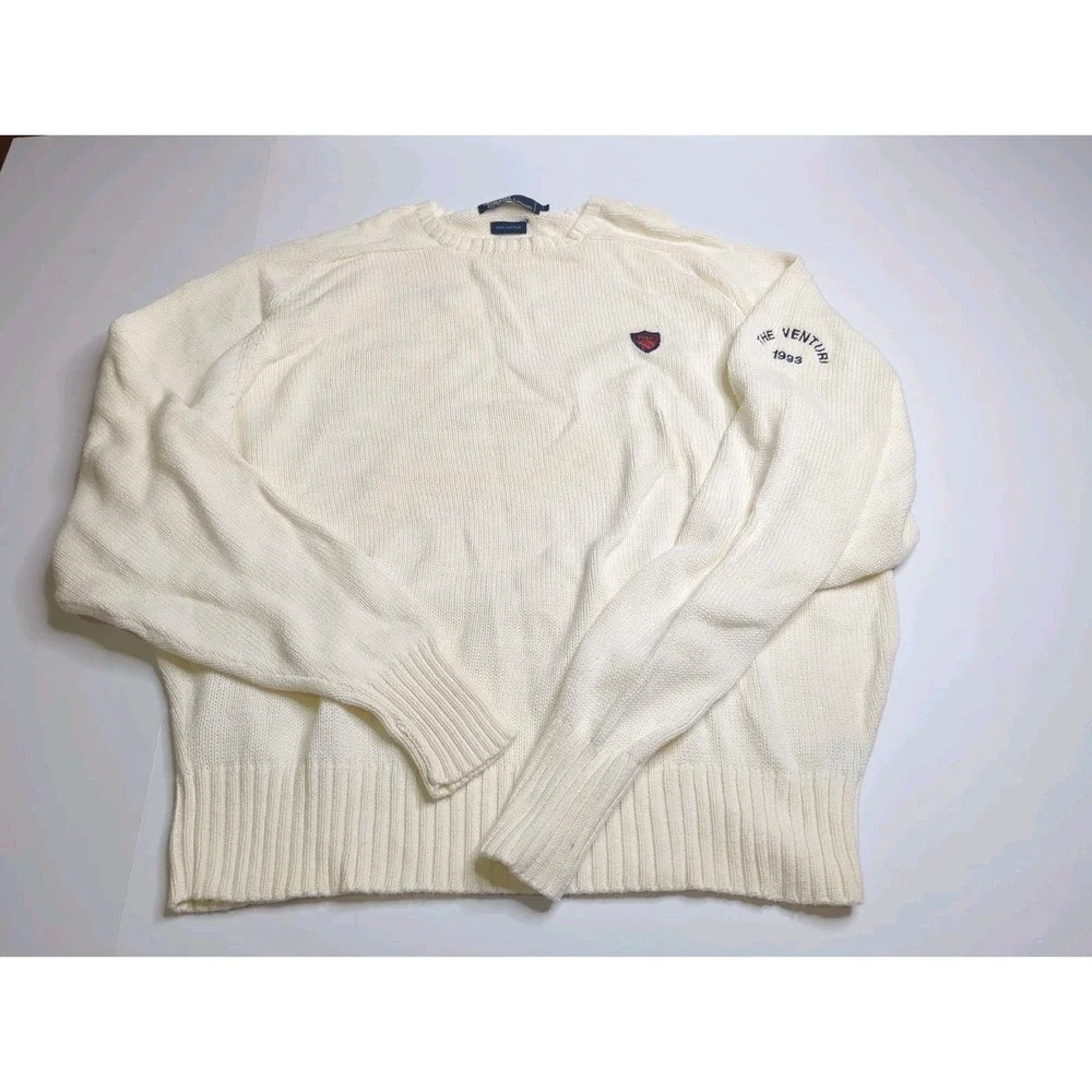 Vtg Polo Ralph Lauren Cable Knit Sweater White L Plaid Crest The Venturi 1993